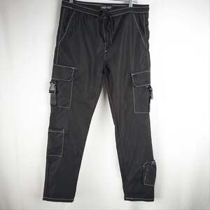 Smoke & Ash Contrast Stitch Black Utility Cargo Pants with Buckle Detail
